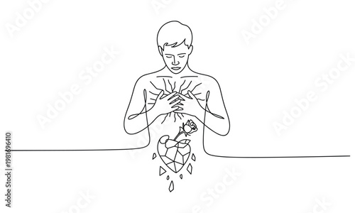 Mans torso revealing shattered heart with blooming rose symbolizing rebirth and healing.