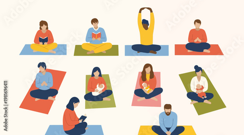 People sitting on yoga mats in various poses and activities