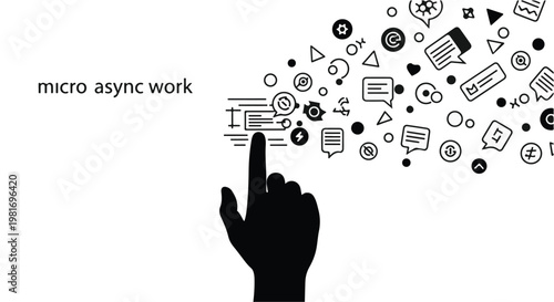 Human hand pointing towards a collection of floating digital icons and chat bubble symbols represents the concept of micro asynchronous work in a fast-paced collaborative virtual environment.