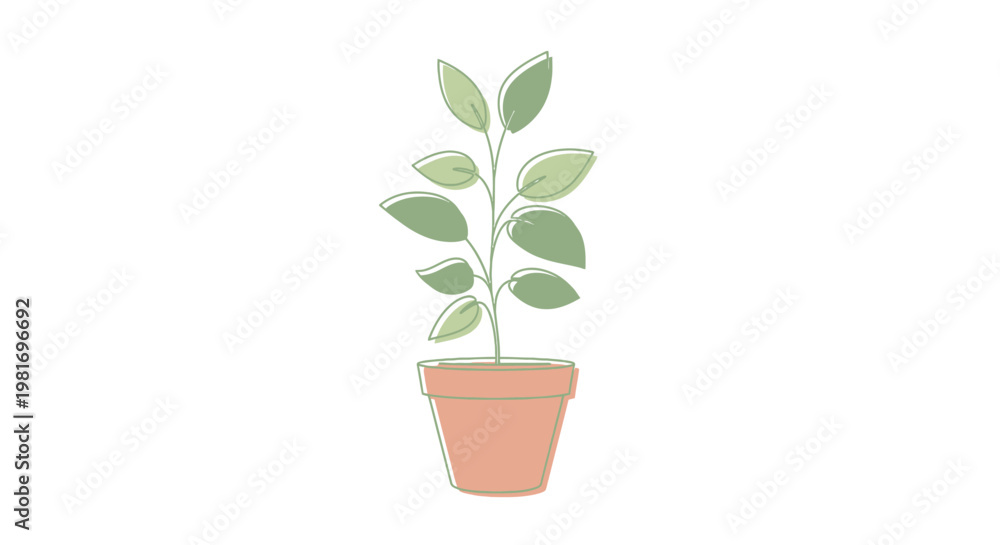 Obraz premium Simple illustration of a green leafy plant in a terracotta pot.
