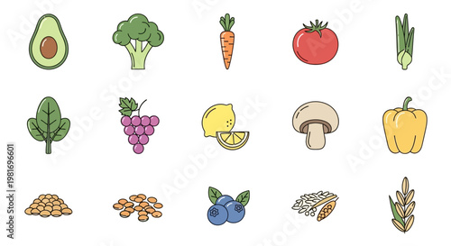 Collection of colorful healthy fruits and vegetables icons in flat style.