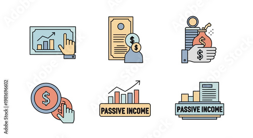 Set of financial and passive income concept icons with charts and money symbols.