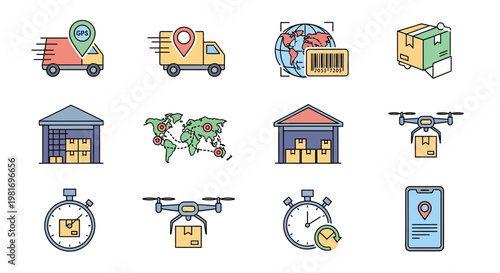 Set of colorful logistics and delivery icons with various transportation and tracking elements.