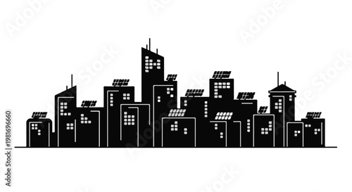 City skyline silhouette featuring buildings topped with solar panels highlights the transition of metropolitan areas toward clean energy and sustainable architectural development in modern society.
