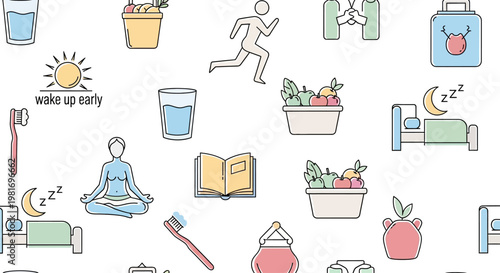 Seamless pattern illustrating daily morning routine activities with simple colorful icons.