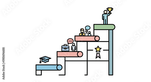 Conceptual illustration of career and personal growth with people climbing stairs and reaching success.