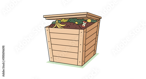 Wooden compost bin filled with organic waste and food scraps for gardening.