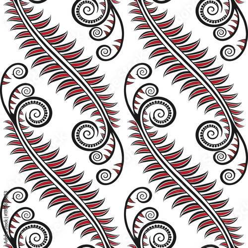 A striking seamless pattern featuring stylized black and red fern leaves and tribal spiral motifs on a white background.