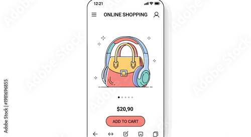 Mobile phone screen showing online shopping app with handbag and headphones.