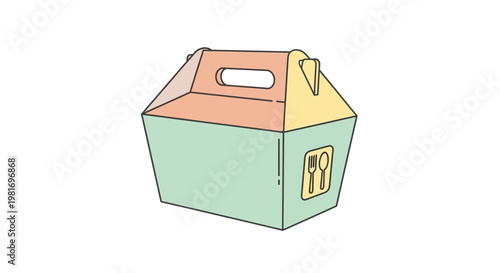 Colorful takeout food container with handle and utensils symbol.