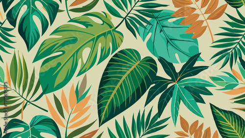 A vibrant, seamless tropical jungle pattern of various Monstera and palm leaves in green, teal, and orange tones on a cream background.