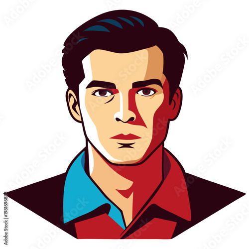 A striking triadic-colored vector pop art portrait of a serious young man, framed in a geometric shape