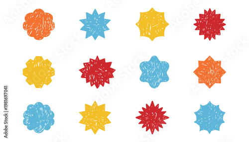 Starburst labels, price colorful tags crayon scribble texture, discount badge set. Sale circle sticker. Wavy, scallop edge promo blank. 