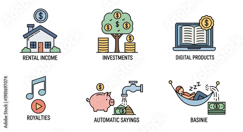 Conceptual illustration of various passive income sources and financial growth.