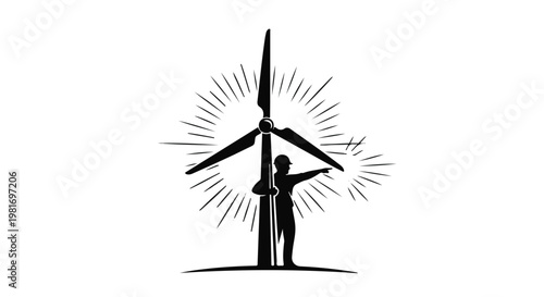 Wind turbine operator stands beside a tall energy generator while pointing toward the horizon to signify progress in the global transition toward sustainable power and renewable energy sources.