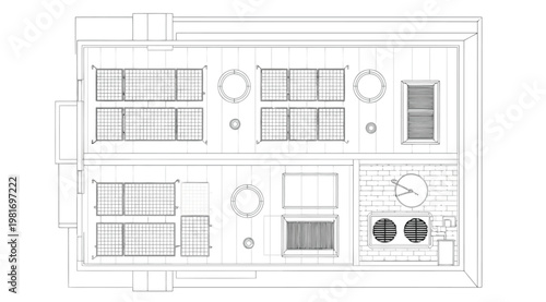 Top view of a building roof plan with hvac units and solar panels