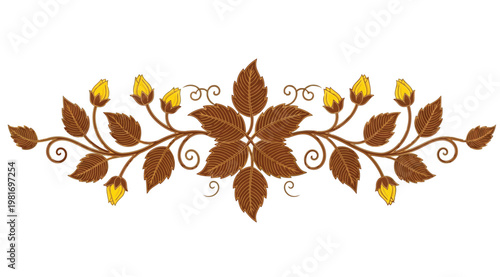 Decorative floral border element with brown leaves and yellow rose buds