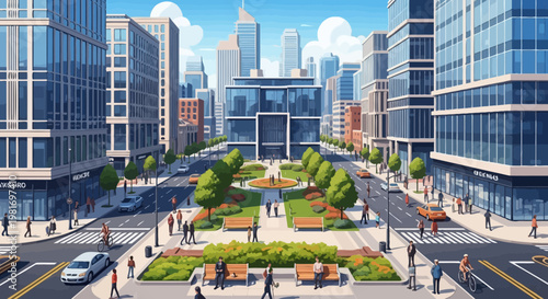 Modern Cityscape with Green Urban Park and Pedestrians