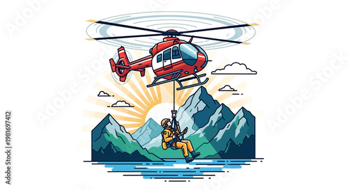 Helicopter Rescue in Mountains: Person Suspended on Cable