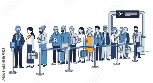 People Queue at Airport Security Checkpoint, Travel and Waiting Concept
