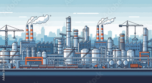 Pixel Art Industrial Factory Landscape with Smoke Stacks and Cranes