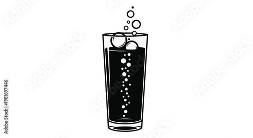 Glass of carbonated beverage with rising bubbles serves as a refreshing icon for cold drinks, hospitality industry, or celebratory refreshments isolated on a plain background for clean usage.