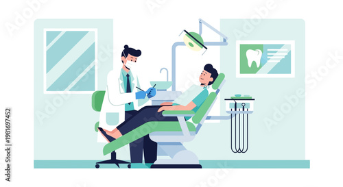 Dentist examining patient in modern dental clinic, illustration