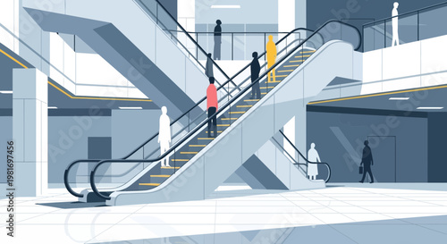 Modern Escalator Interior with People Moving Up and Down