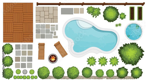 Top view landscape design elements for garden and pool area