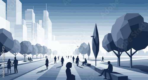 Urban park promenade with people walking, sitting, and modern city skyline in background.