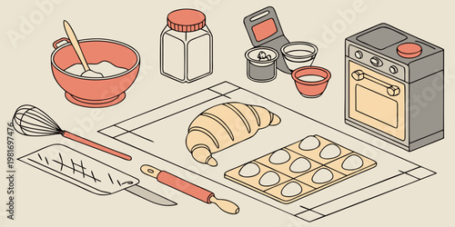 Isometric illustration of baking ingredients and kitchen tools on a surface