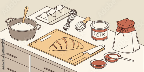 Overhead view of baking ingredients and tools on a kitchen counter