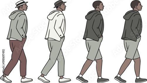 Four men walking in different casual outfits and styles