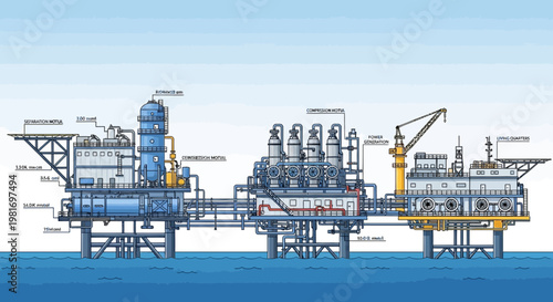 Offshore Oil Rig Platform Schematic Blueprint - Industrial Energy Extraction