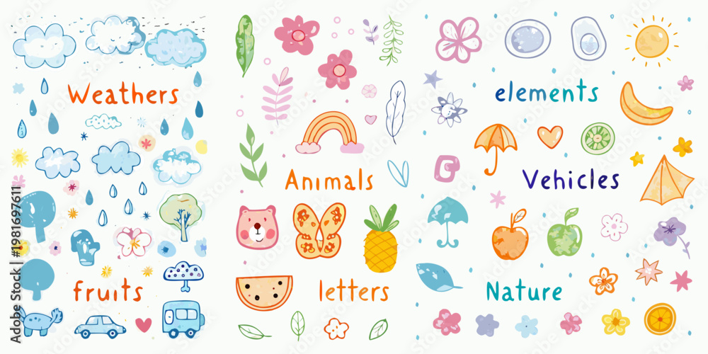 Naklejka premium Colorful watercolor illustrations of weather animals fruits and other elements