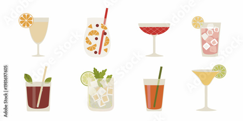 Assorted colorful cocktails and refreshing drinks in a flat vector style
