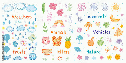 Tableau sur toile Colorful watercolor illustrations of weather animals fruits and other elements