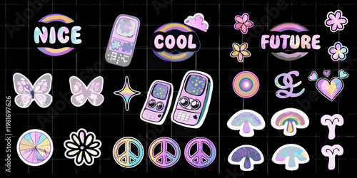 A collection of colorful retro style stickers with 90s and y2k aesthetics