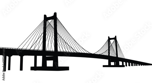 A striking black silhouette of a suspension bridge against a white backdrop silhouette