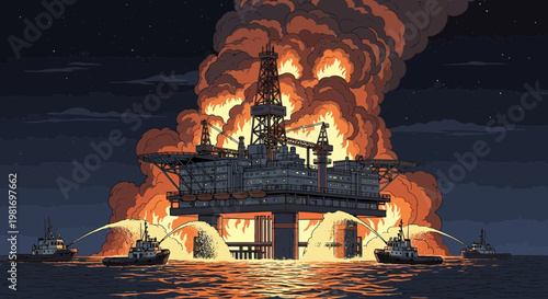 Offshore oil rig explosion at night, tugboats fighting fire, dramatic disaster scene