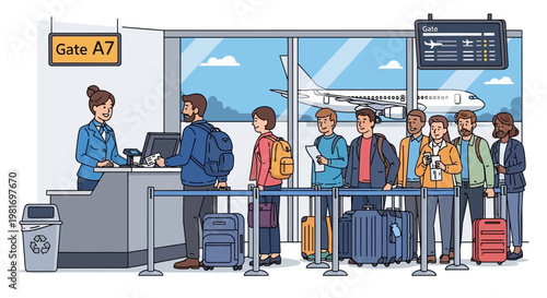 Airport boarding gate A7 with diverse travelers queuing for flight, airplane visible