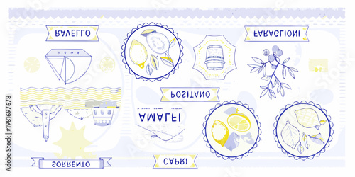 Stylized illustration of lemons glassware and mediterranean elements in blue