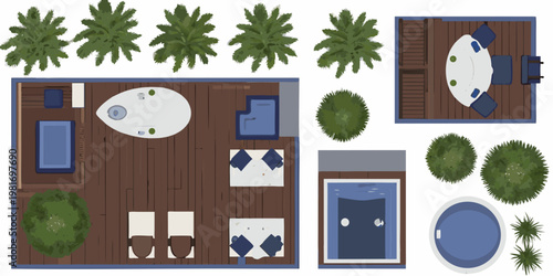 Aerial view of a resort layout with pool patio and tropical plants