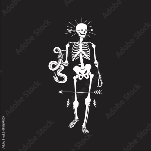 human skeleton vector holding a snake