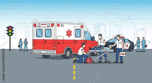 Ambulance and Police Respond to Emergency Scene with Injured Person and Traffic Light