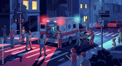 Ambulance Responds to Emergency at City Street Intersection at Night