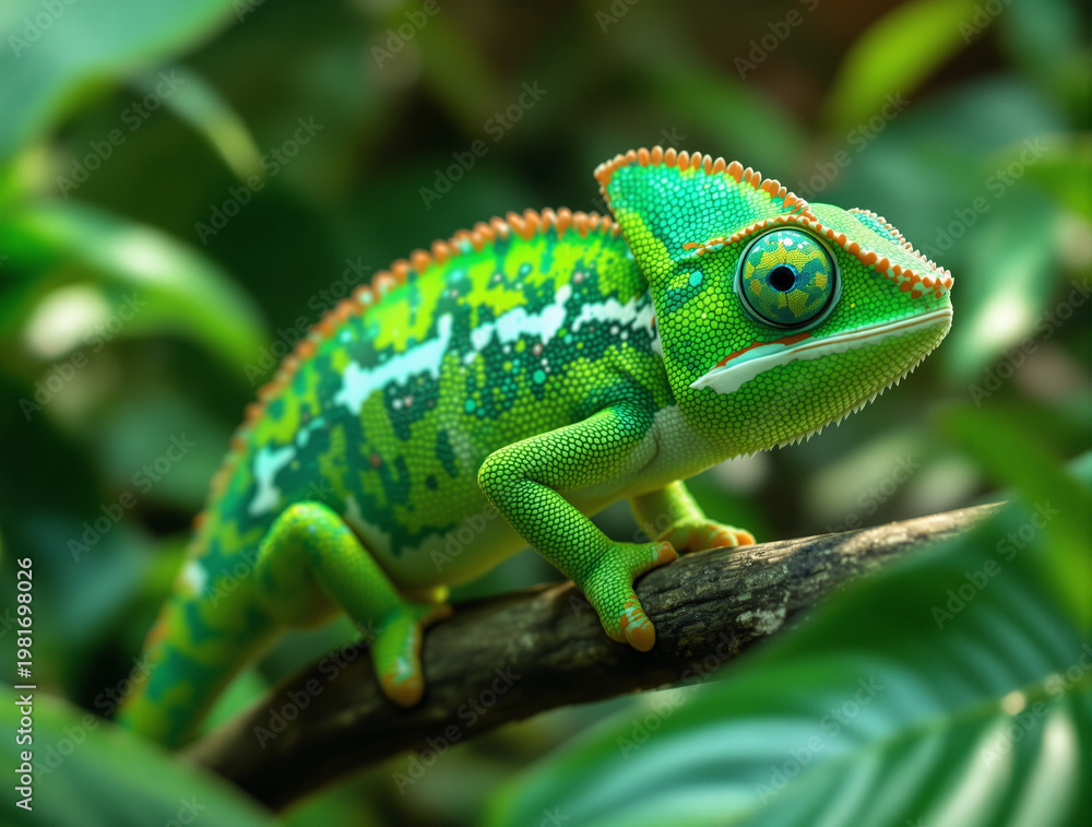 Fototapeta premium Chameleon Camouflage in Tropical Foliage, Animal Adaptation