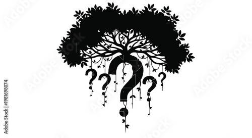 Tree of knowledge design incorporates question marks hanging from branches to represent the complex search for wisdom and the inquisitive nature of human intellectual exploration and discovery.