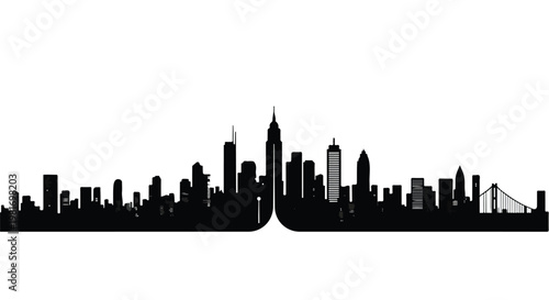 Cityscape silhouette of a modern metropolis featuring high-rise buildings and architectural landmarks creates an elegant and expansive urban skyline suitable for corporate branding and media use.
