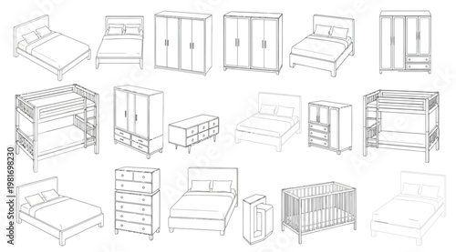 Set of various furniture items including beds, wardrobes, and dressers